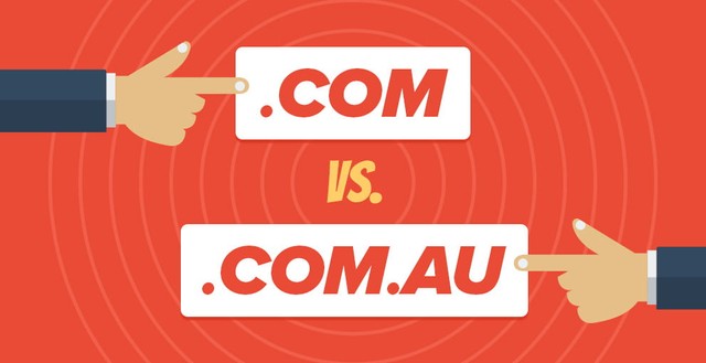 Graphic illustration comparing .COM vs .COM.AU domain names, with two hands pointing at each domain extension, highlighting the decision process for business owners.