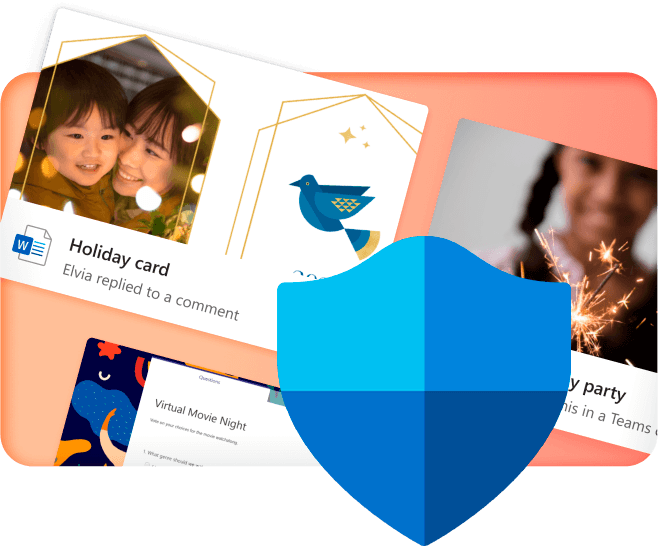 An illustration featuring a shield icon symbolizing security, with screenshots of virtual meetings, holiday cards, and other digital activities in the background. This image emphasizes the security features of Microsoft 365 that protect data and communications for Australian businesses.