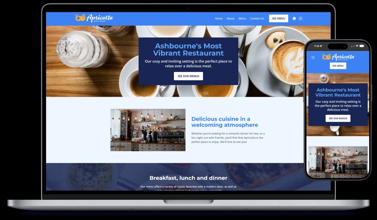 Example of a Cafe website template displaying the homepage on both desktop and mobile views.