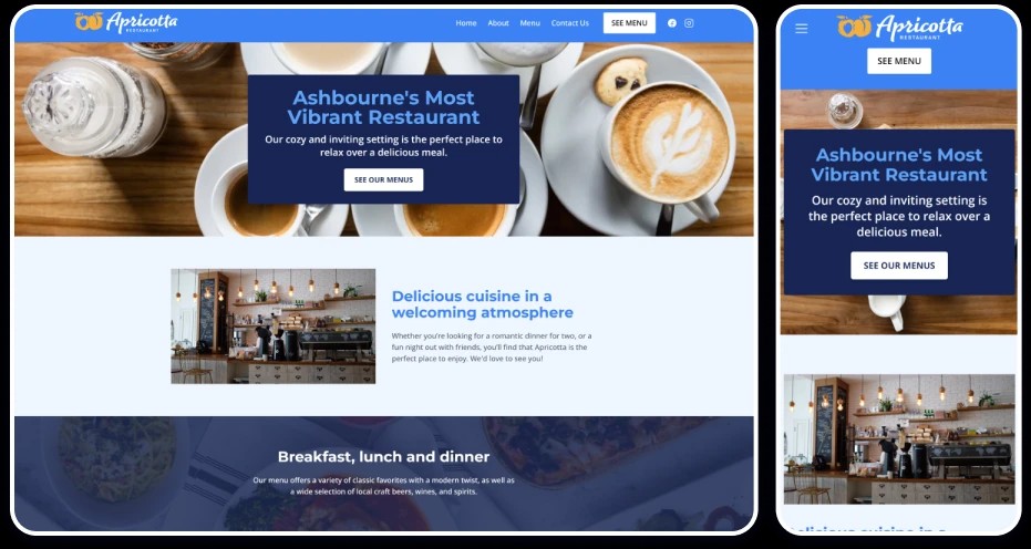 Example of a Cafe website template displaying the homepage on both desktop and mobile views.