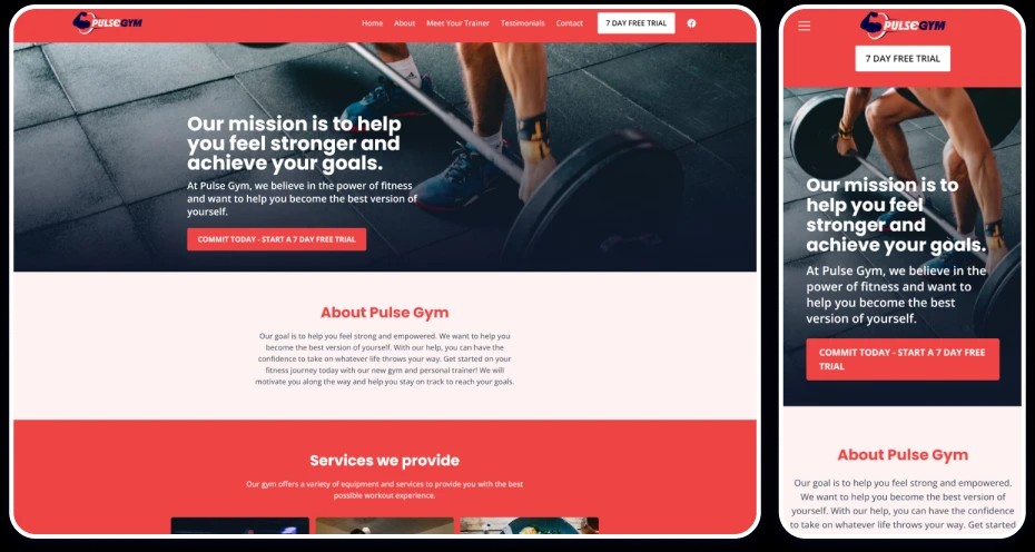 Example of a Gym and fitness website template displaying the homepage on both desktop and mobile views.