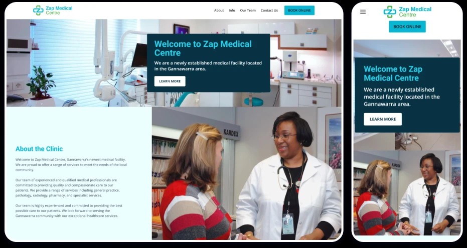 Example of a Medical center website template displaying the homepage on both desktop and mobile views.