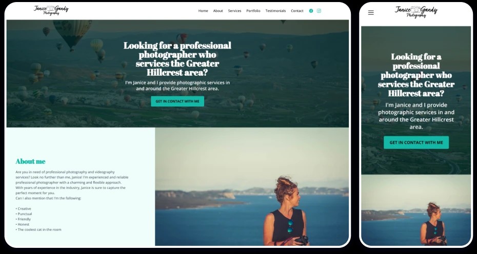 Example of a Photography service website template displaying the homepage on both desktop and mobile views.