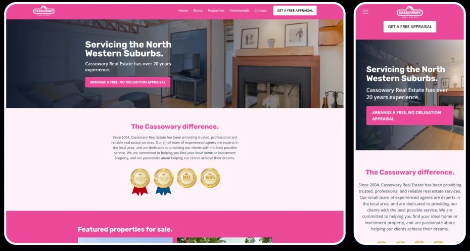 Example of a Real estate website template displaying the homepage on both desktop and mobile views.