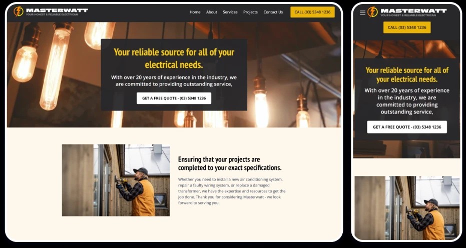 Example of an Trade services website template displaying the homepage on both desktop and mobile views.