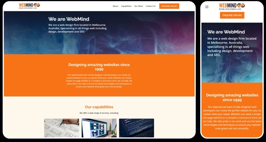 Example of a Web design Firm website template displaying the homepage on both desktop and mobile views.