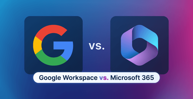 Illustration comparing Google Workspace and Microsoft 365 with their respective logos, highlighting the competition between the two popular productivity platforms.