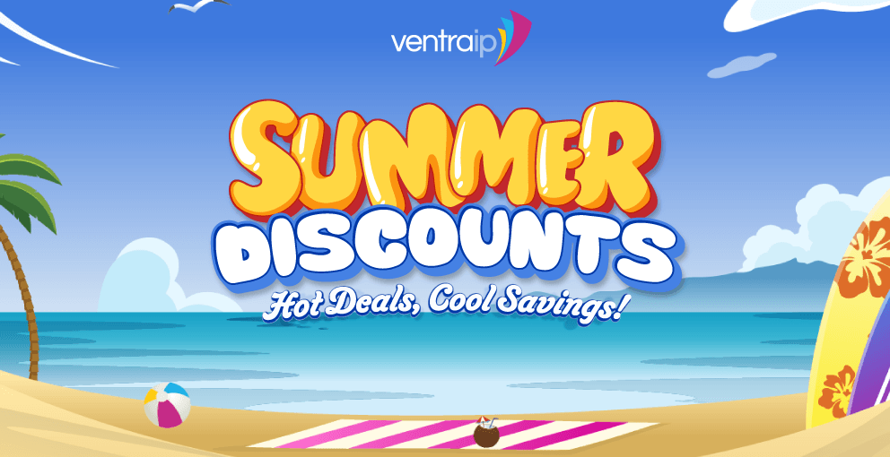 Illustration of a sunny beach scene promoting VentraIP's Summer Discounts, featuring vibrant text 'Summer Discounts: Hot Deals, Cool Savings!' in bold, colorful fonts. The design includes elements like a beach ball, a striped towel, and a surfboard, evoking a fun and relaxing summer vibe.