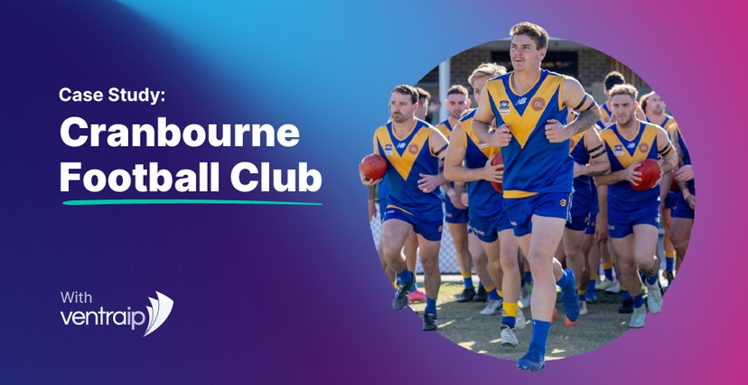 Cranbourne Football Club players running onto the field in blue and yellow uniforms, used as a promotional case study image for VentraIP.