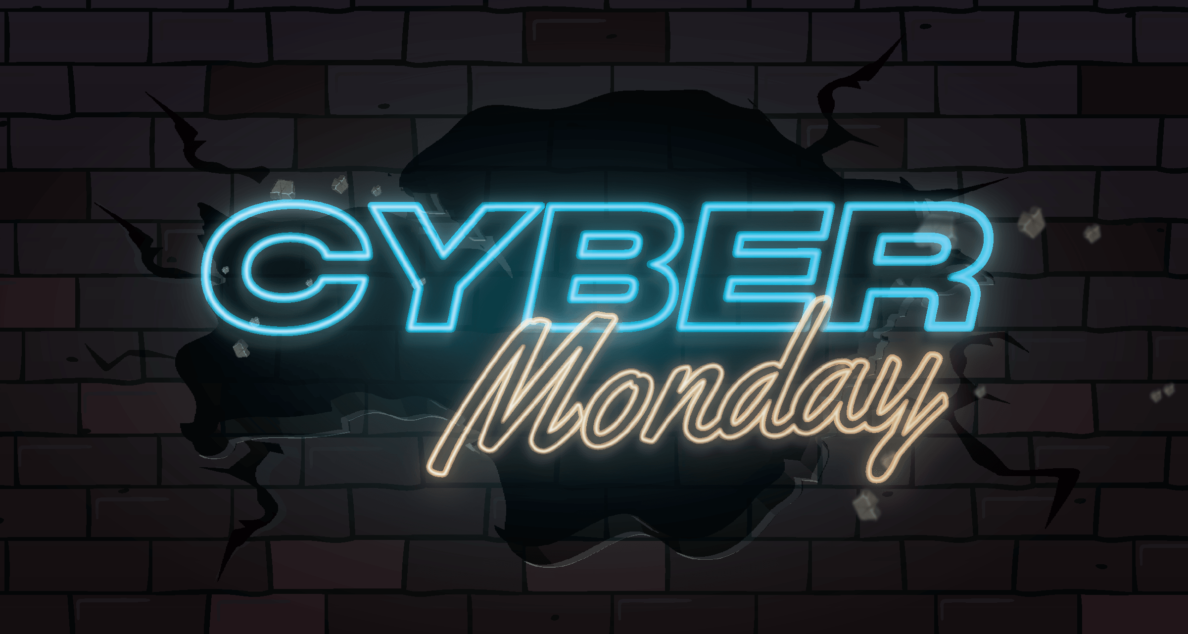 A glowing neon sign reading “Cyber Monday” on a cracked brick wall, with the word “Cyber” in blue and “Monday” in light gold script, symbolising an online shopping event.