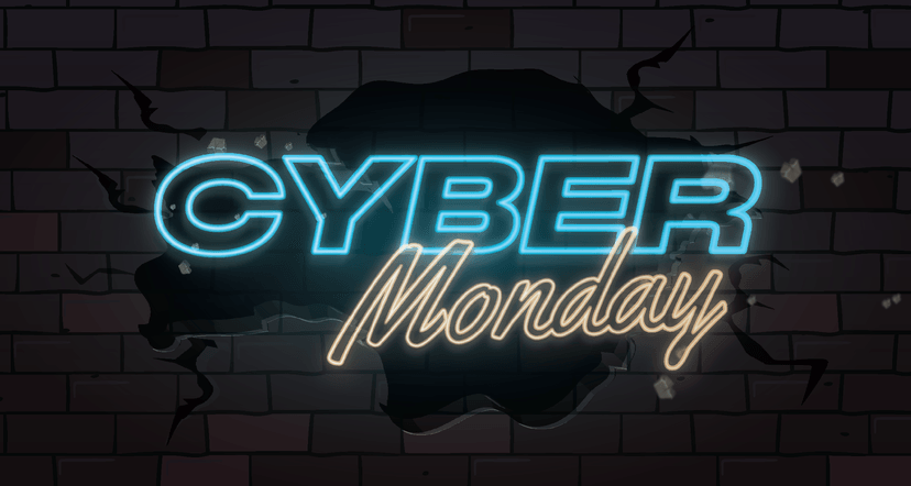 A glowing neon sign reading “Cyber Monday” on a cracked brick wall, with the word “Cyber” in blue and “Monday” in light gold script, symbolising an online shopping event.