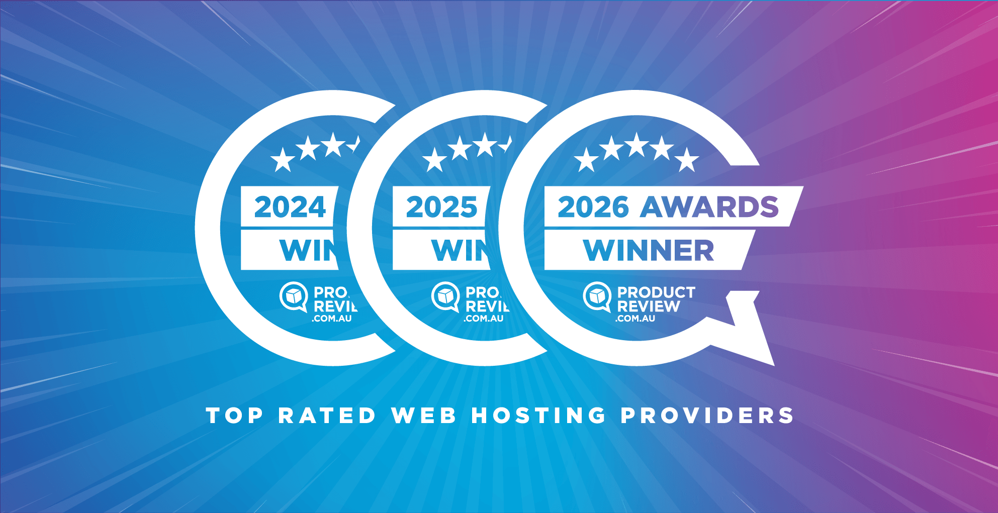 Graphic showing ProductReview.com.au award badges for 2024, 2025 and 2026, highlighting consecutive wins as a top rated web hosting provider in Australia.