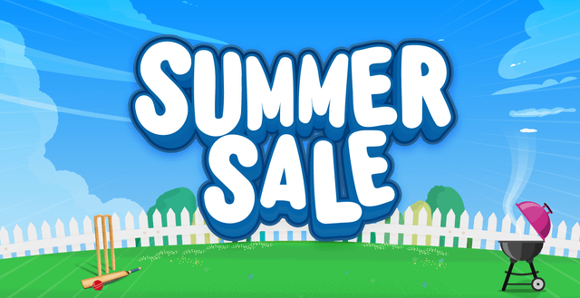 Illustrated summer sale banner with bold white text reading “Summer Sale” against a blue sky, featuring a green lawn, white picket fence, cricket bat and ball on one side, and a barbecue grill on the other, creating a fun Australian summer theme.