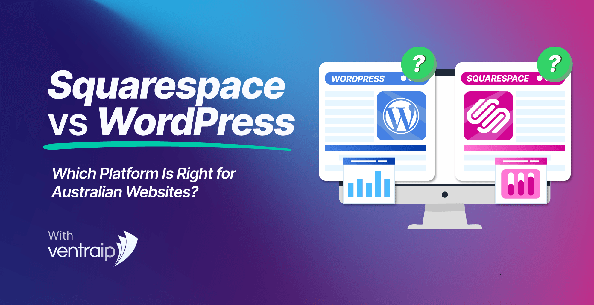 Comparison illustration of WordPress and Squarespace websites displayed on a computer monitor, showing analytics charts and platform logos to represent choosing the right website builder for Australian websites.