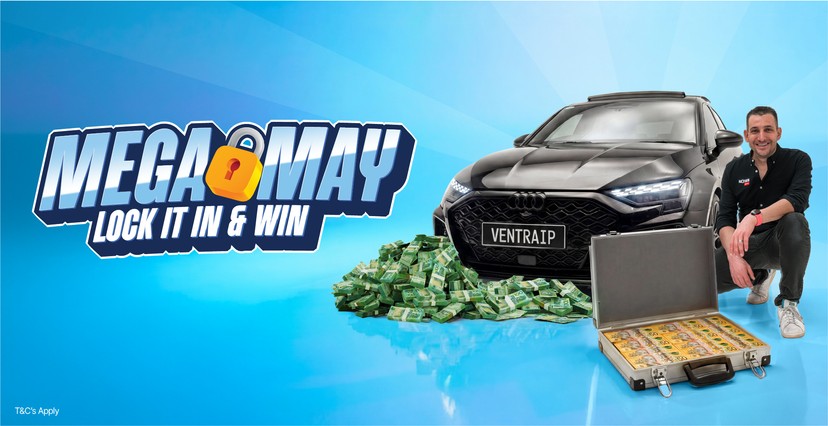 The hero image for the MEGAMay blog post showing the Audi RS3 or $100,000 cash prize, the CEO of Nexigen Digital (Angelo Giuffrida) and the text "MEGAMay Lock it in and Win".