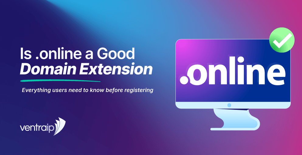 Illustration for a guide to the .online domain extension, showing .online displayed on a computer screen with a green approval tick indicating suitability.