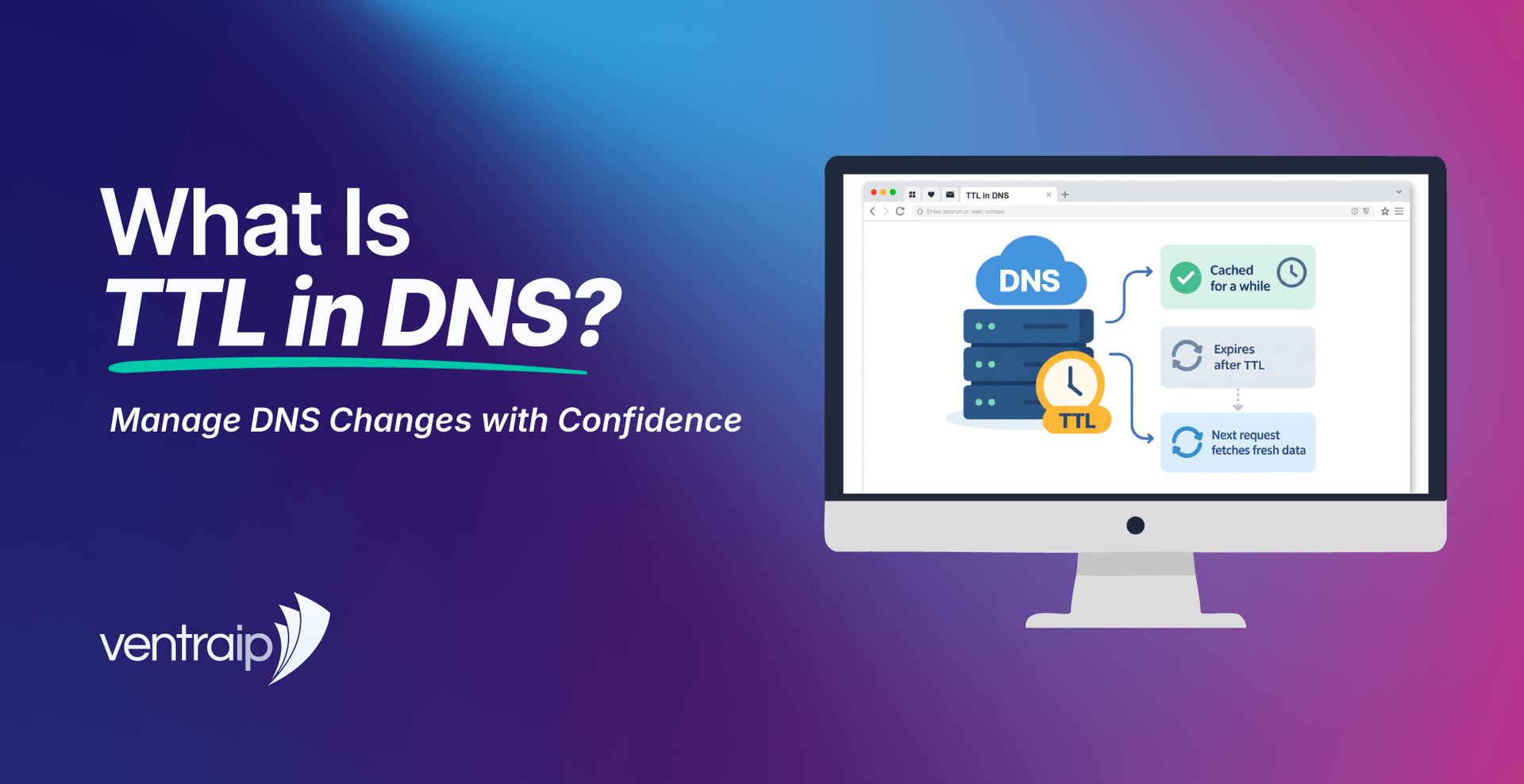 VentraIP blog graphic titled “What Is TTL in DNS?” with the subtitle “Manage DNS Changes with Confidence”. A computer screen shows a DNS server beside a clock labelled TTL. Arrows lead to three stages: DNS data is cached for a while, the cache expires after the TTL, and the next request fetches fresh data. The graphic has a blue-to-purple gradient background and the VentraIP logo.