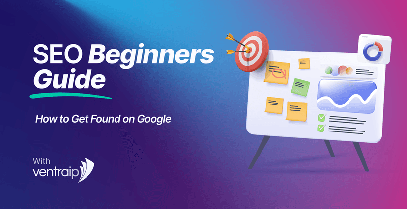 Illustration representing an SEO beginners guide, featuring a marketing board with analytics charts, sticky notes, and a target with arrows, symbolising search engine optimisation strategy and improving website visibility on Google.