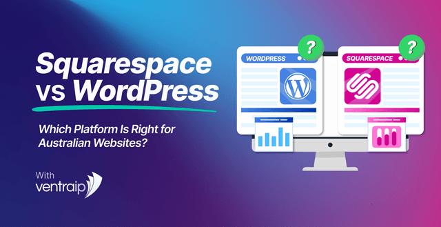 Comparison illustration of WordPress and Squarespace websites displayed on a computer monitor, showing analytics charts and platform logos to represent choosing the right website builder for Australian websites.