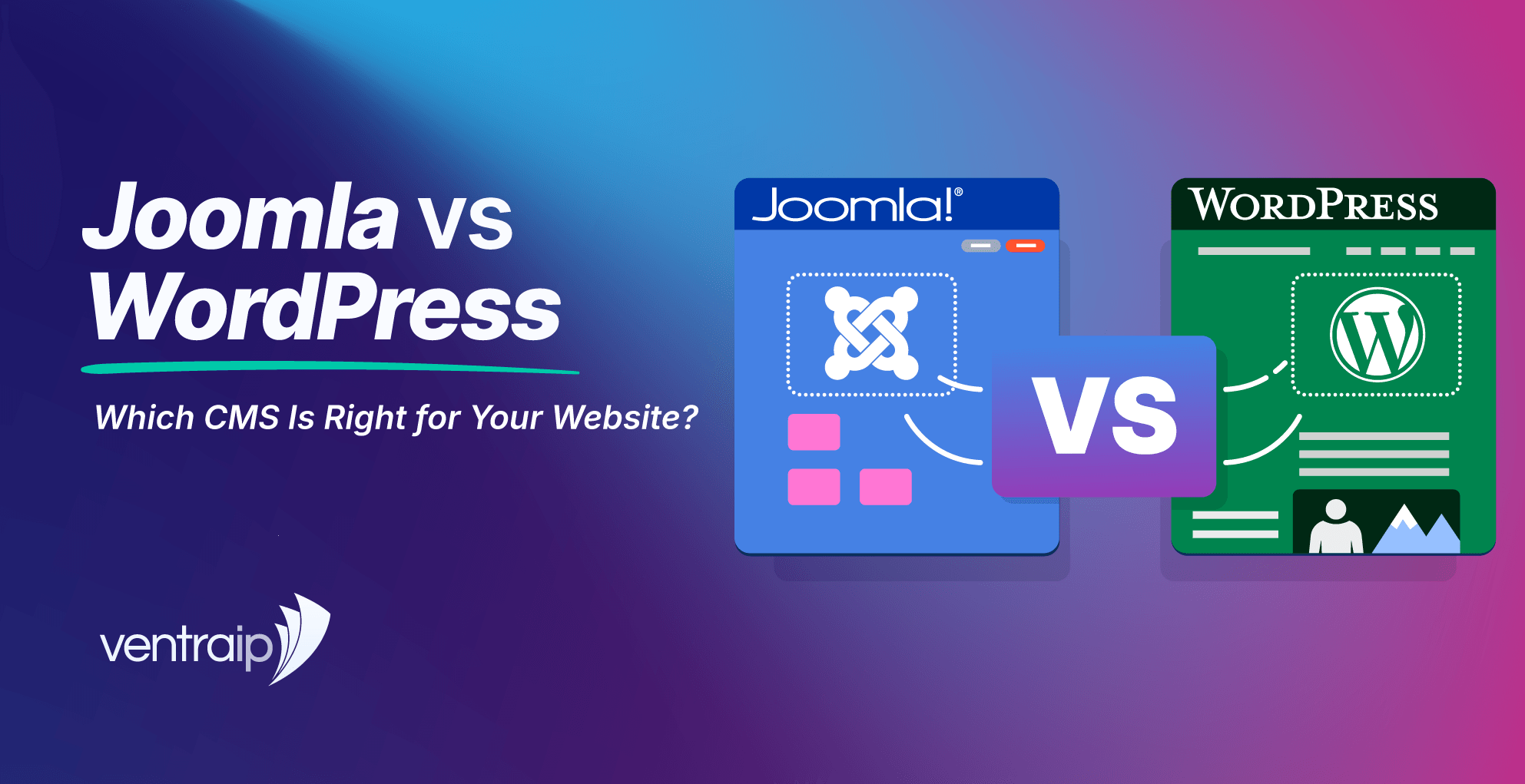 Graphic for a Joomla vs WordPress blog post showing the title “Joomla vs WordPress: Which CMS Is Right for Your Website?”, the VentraIP logo, and illustrated Joomla and WordPress website panels separated by a “VS” icon.