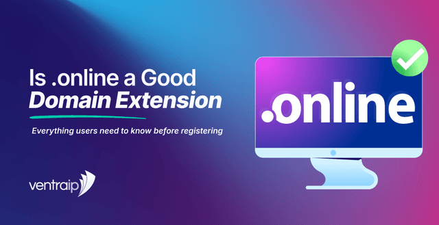 Illustration for a guide to the .online domain extension, showing .online displayed on a computer screen with a green approval tick indicating suitability.