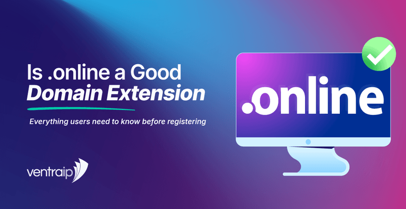 Illustration for a guide to the .online domain extension, showing .online displayed on a computer screen with a green approval tick indicating suitability.