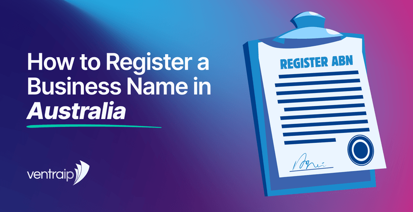VentraIP blog graphic with the text “How to Register a Business Name in Australia” on a blue and purple gradient background. On the right is an illustrated clipboard displaying a “Register ABN” form with blue text lines, a signature and circular stamp, while the VentraIP logo appears in the bottom-left corner.
