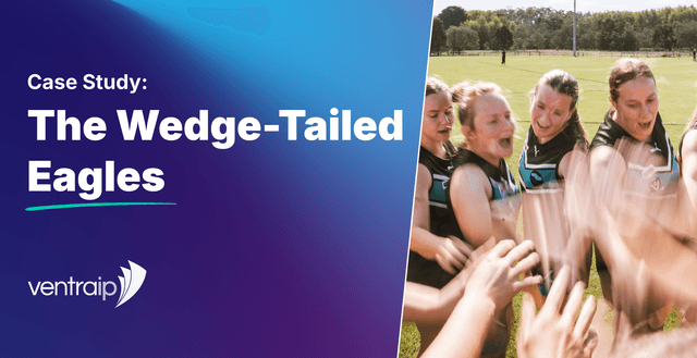 VentraIP case study graphic titled “The Wedge-Tailed Eagles”, featuring members of the women’s football team huddling together on a green sports field, with VentraIP branding on a blue and purple background.