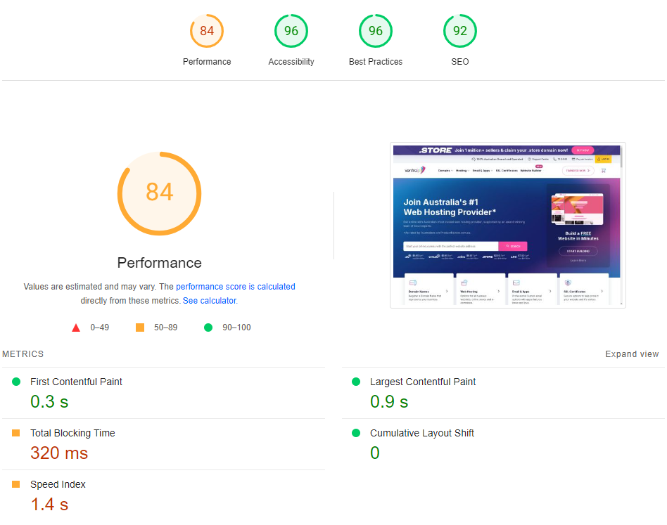 Google PageSpeed Insights report showing a performance score of 84, accessibility score of 96, best practices score of 92, and SEO score of 92. Key metrics include First Contentful Paint at 0.3 seconds, Largest Contentful Paint at 0.9 seconds, Total Blocking Time at 320 milliseconds, Speed Index at 1.4 seconds, and Cumulative Layout Shift of 0.