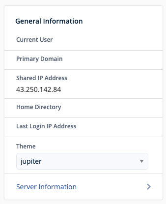 cPanel General Information panel showing the IP address of the service.