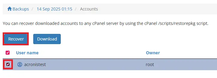 WHM ACronis Account Restore