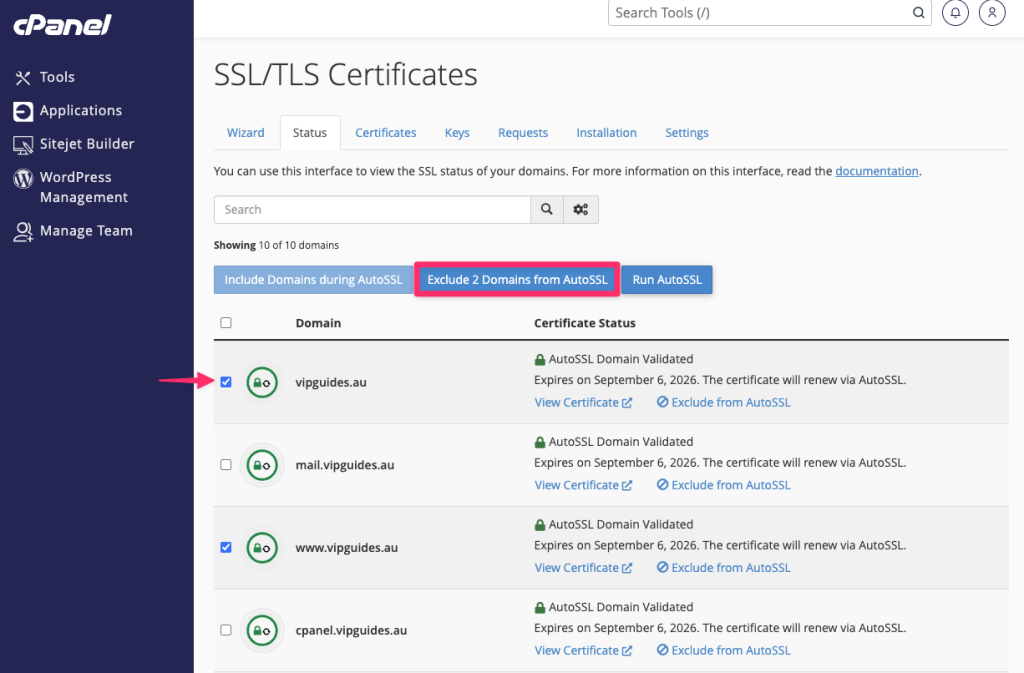 Exclude domains SSL