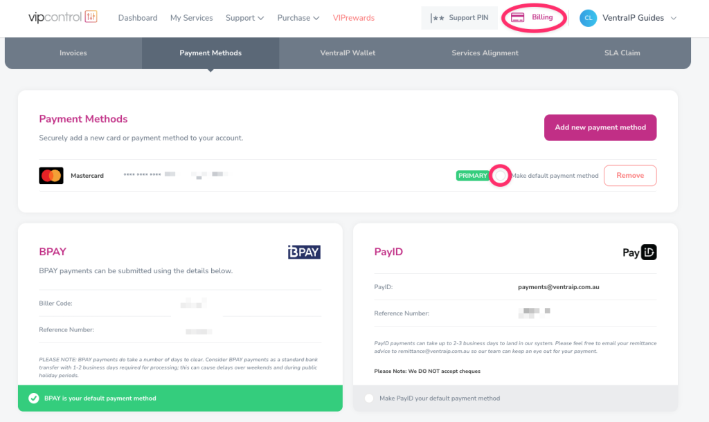 Switch default payment method