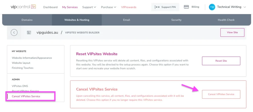 You will then find the Cancel VIPsites Service option under the Admin section on the left side. 