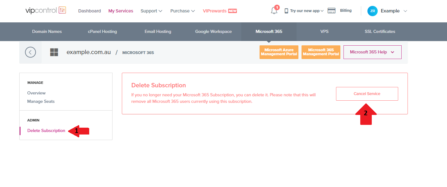 Cancel a Microsoft 365 service VentraIP