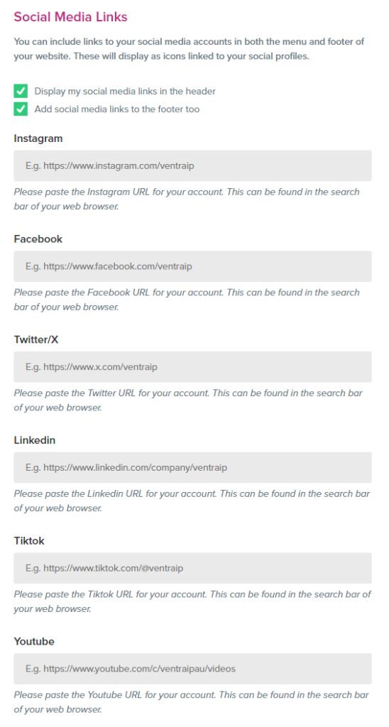 Social Media Links settings in VentraIP's website builder, showing options to display social media links in the header and footer, with fields to input URLs for Instagram, Facebook, Twitter/X, LinkedIn, TikTok, and YouTube accounts.