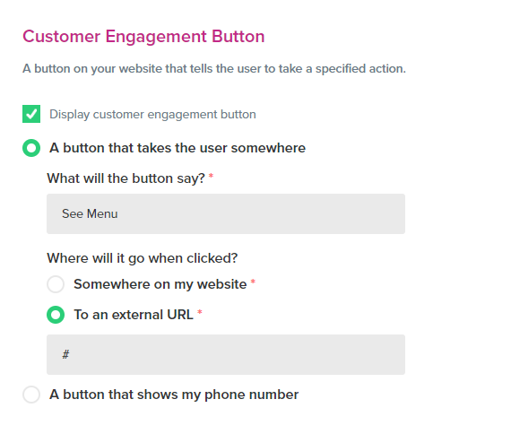 Call To Action Button settings in VentraIP's website builder, showing options to display a button that takes the user to a specified location, with fields for button text, destination URL, and an alternative to show a phone number.