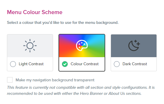 Options for adjusting the website navigation menu color scheme in VentraIP's website builder, including Light Contrast, Color Contrast, and Dark Contrast settings.