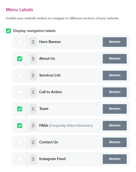Menu Labels settings in VentraIP's website builder, showing options to display and rename navigation labels for sections like Hero Banner, About Us, Services List, Call to Action, Team, FAQs, Contact Us, and Instagram Feed.