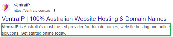 Example of a search engine meta title and description for VentraIP, showing the meta title 'VentraIP | 100% Australian Website Hosting & Domain Names' and the meta description 'VentraIP is Australia's most trusted provider for domain names, website hosting and online solutions. Get started online today.'