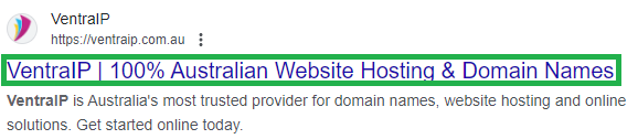 Example of a search engine meta title and description for VentraIP, showcasing the title 'VentralIP | 100% Australian Website Hosting & Domain Names' and a brief description about VentraIP being Australia's most trusted provider for domain names, website hosting, and online solutions.