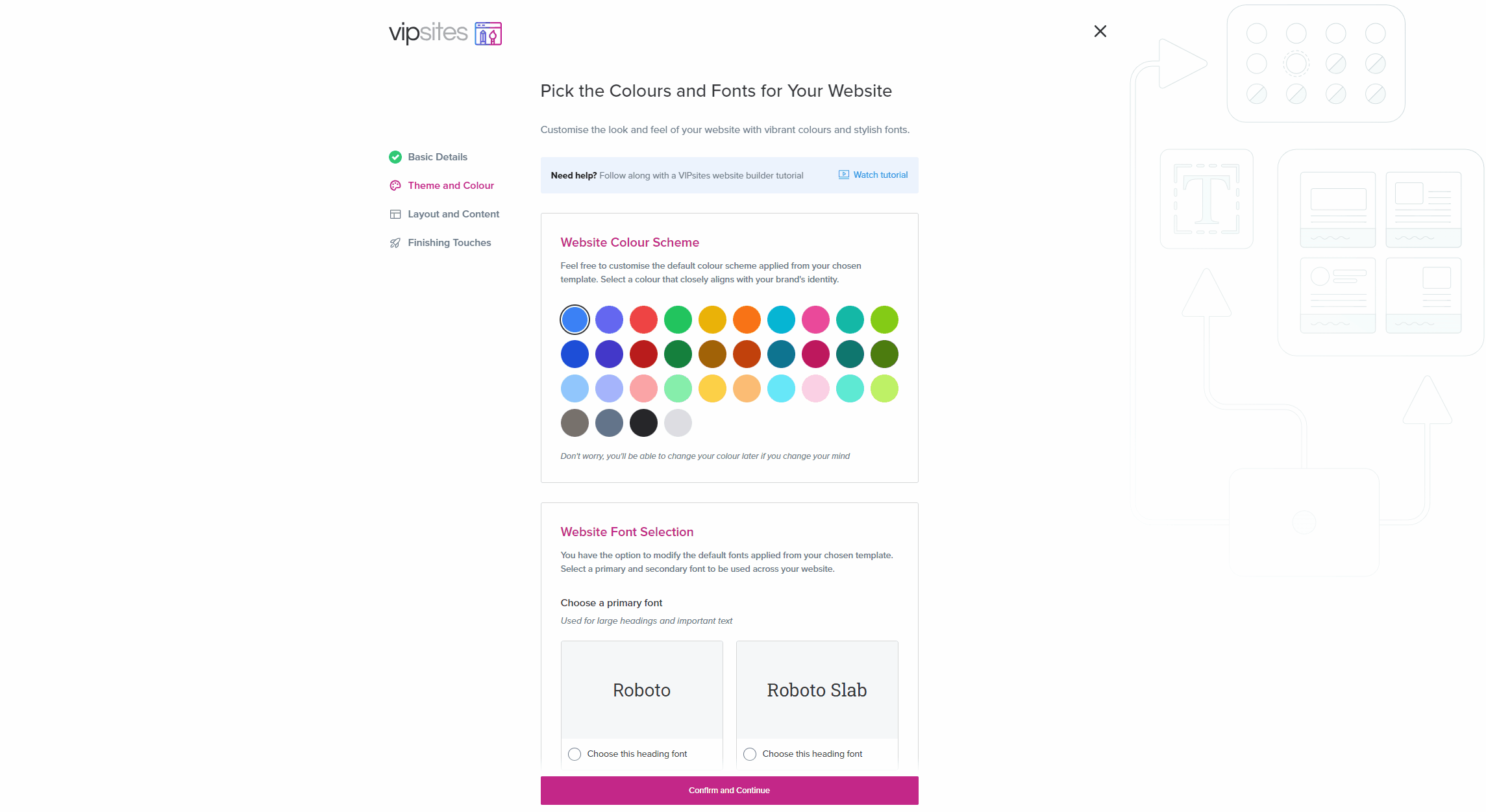 A GIF screen recording showing how to choose a color scheme and fonts for your website.