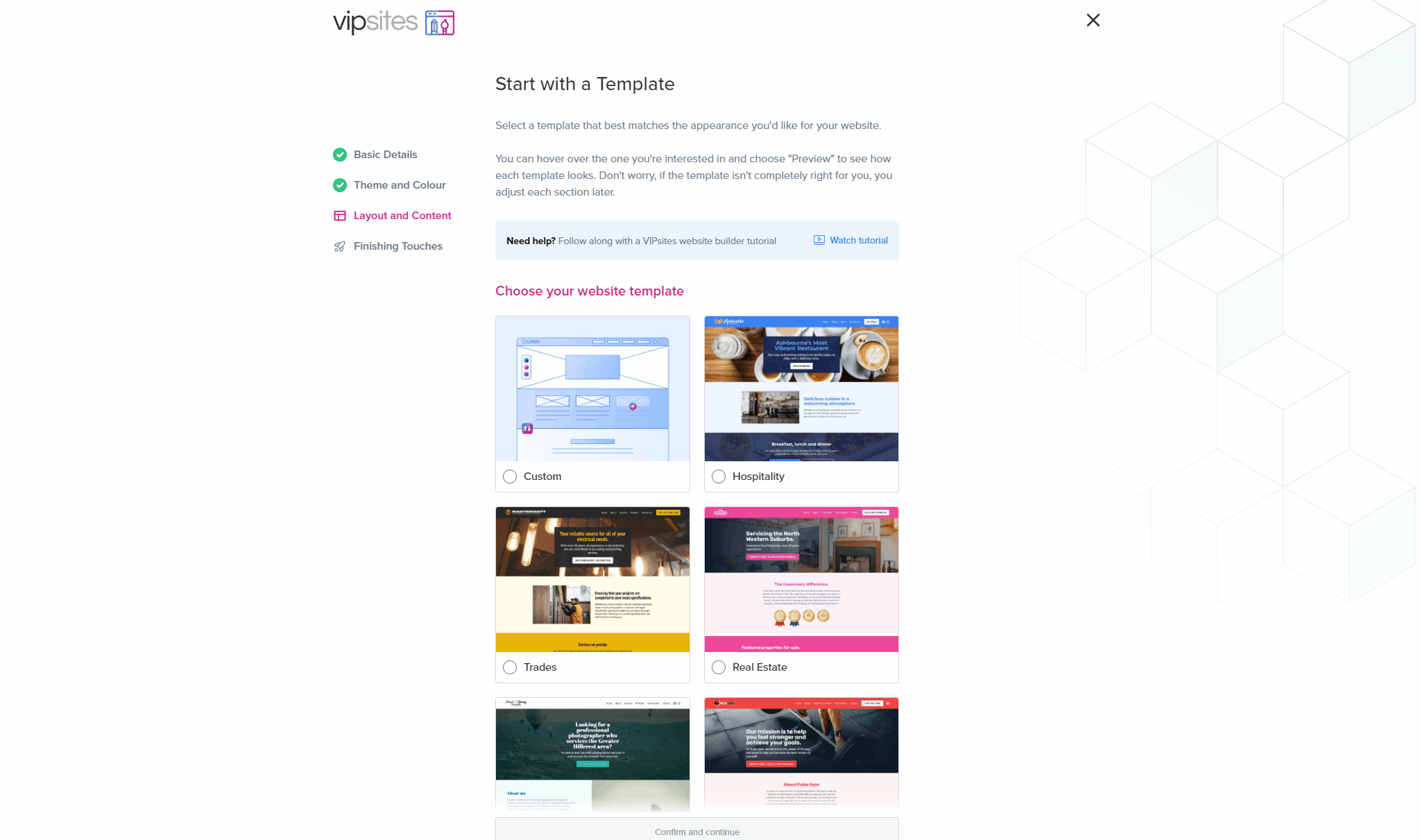 A GIF screen recording showing how to choose a template for your new website.