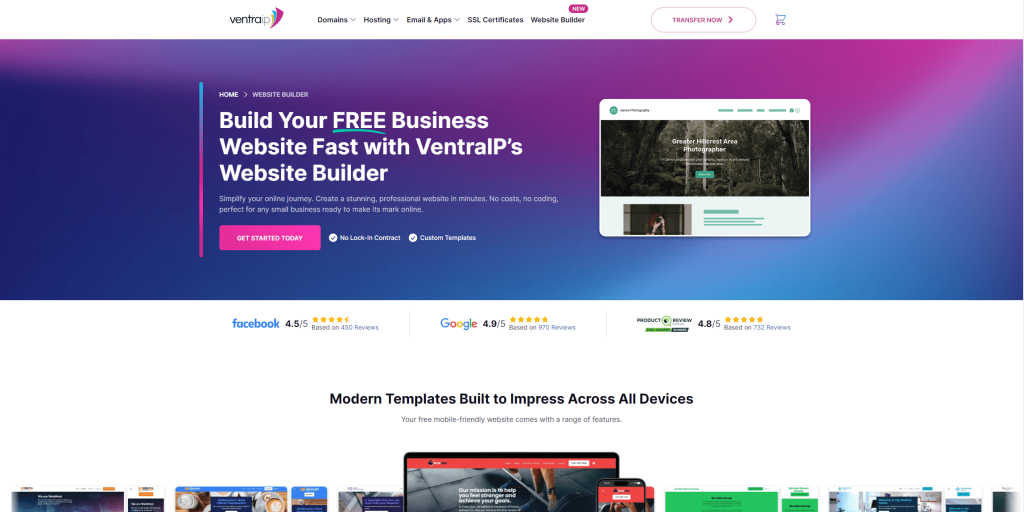 Screenshot of VentraIP's VIPsites Site Builder landing page.