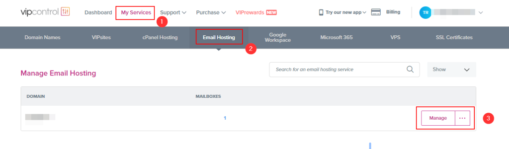 Log in to your VIPcontrol account.
Navigate to “My Services”
Click “Email Hosting” and click “Manage” 