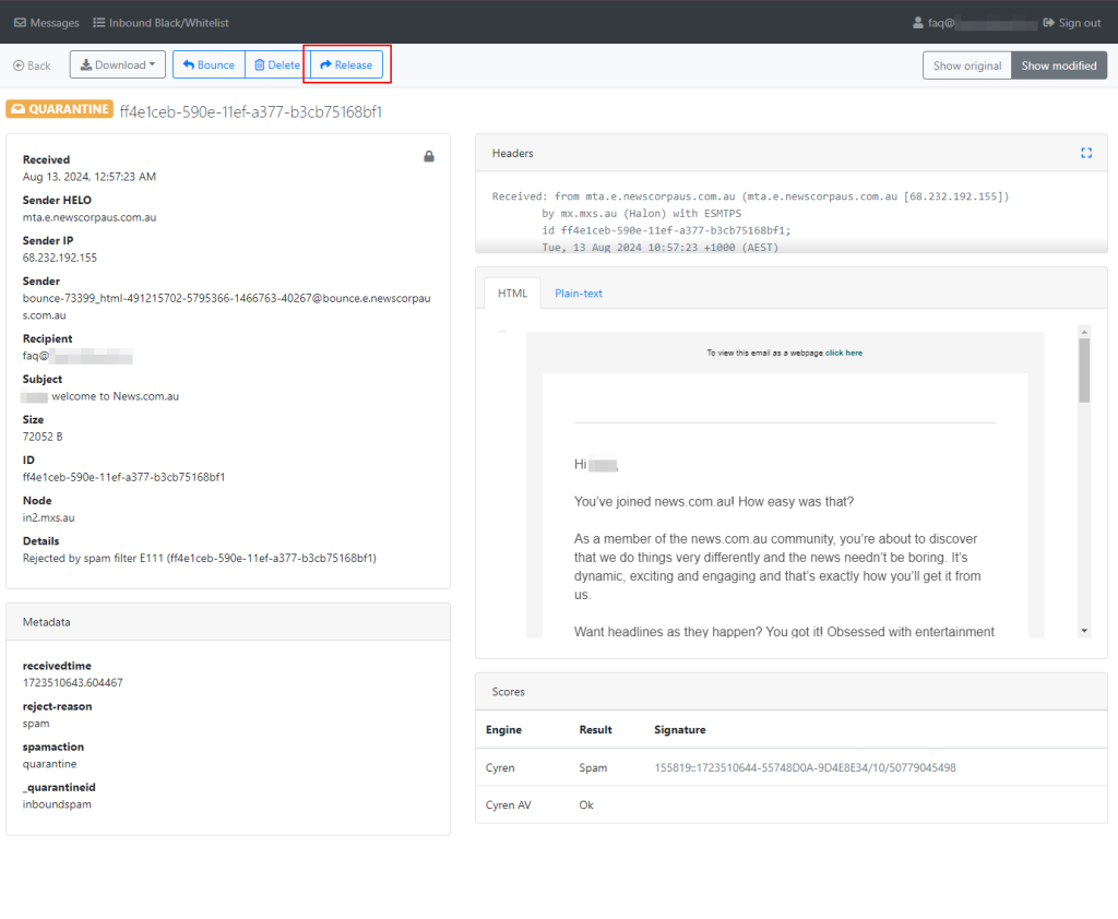 Release quarantined emails by clicking "Release"