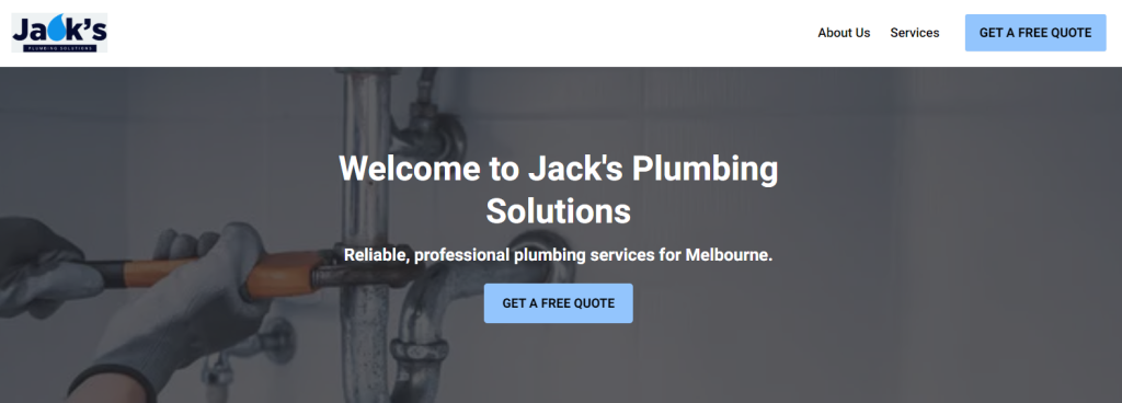 A hero banner on a website for Jack's Plumbing Solutions with a background image of a plumber working on a metal pipe. The text overlaid on the image reads "Welcome to Jack's Plumbing Solutions," with a subheading promoting reliable, professional plumbing services in Melbourne. A prominent blue button invites visitors to "Get a Free Quote."