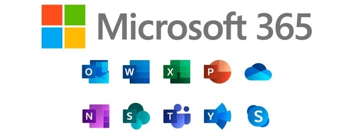 Microsoft 365 logo with icons of its core apps, including Outlook, Word, Excel, PowerPoint, OneDrive, OneNote, SharePoint, Teams, Yammer, and Skype, representing the suite of productivity tools offered by Microsoft.