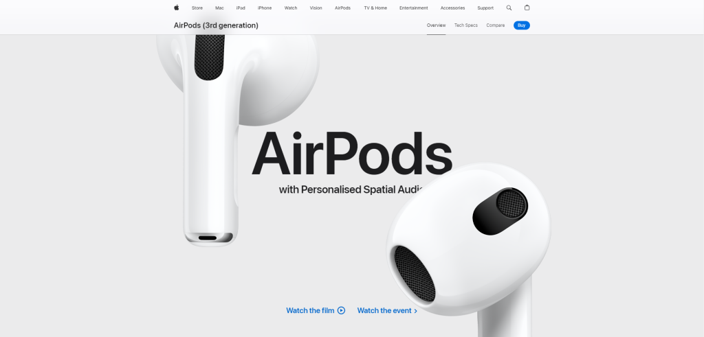 A screenshot of Apple's website showcasing the AirPods (3rd generation) with a minimalist design. The layout features a clean white background with large, bold black text and high-quality images of the AirPods prominently displayed. The design utilizes a simple, monochromatic color scheme that emphasizes clarity, elegance, and focus on the product. The contrast between the black text and white background enhances readability, while the neutral tones allow the product's design to stand out, making it an excellent example of effective use of color in web design.