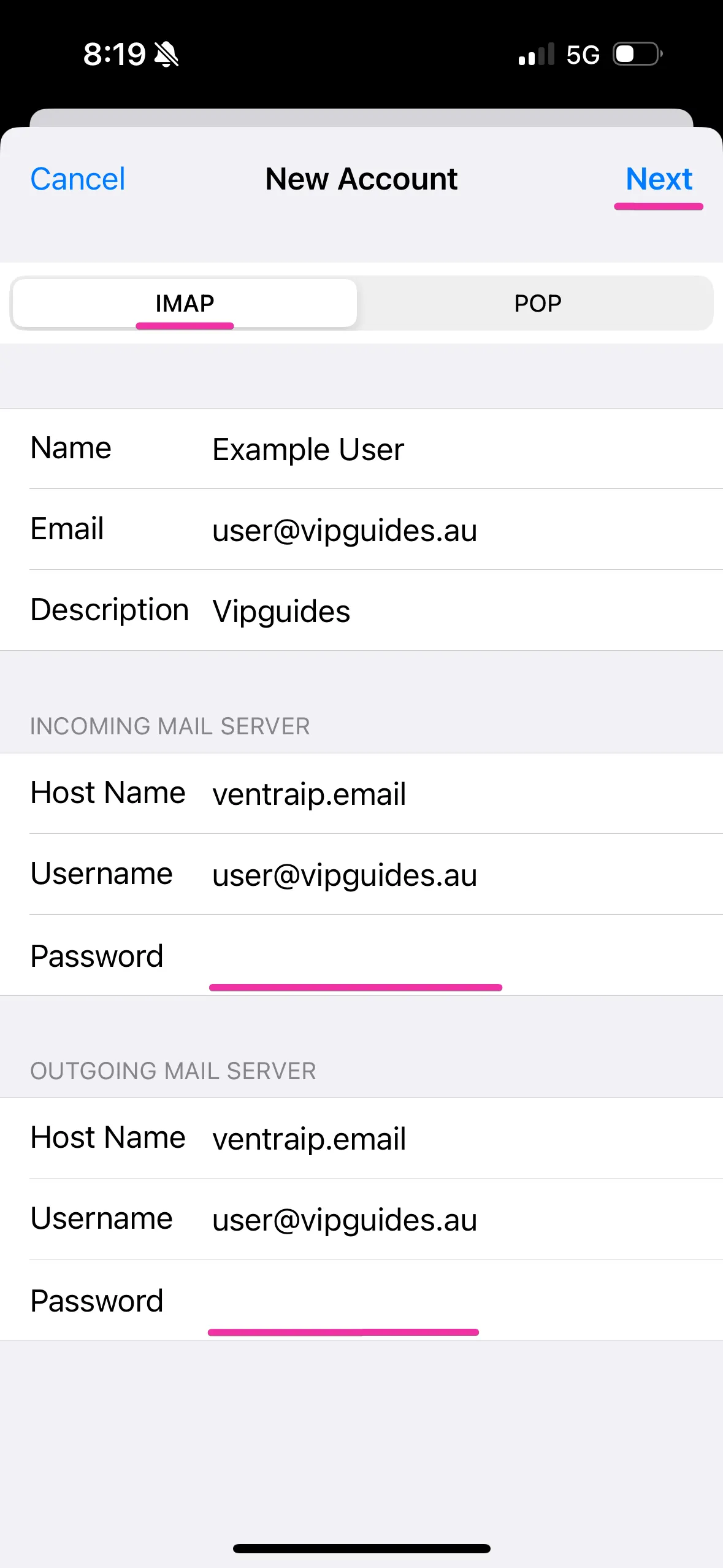 IMAP/SMTP server settings